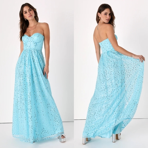 Lulus Radiant Reflection Light Blue Sequin Tulle Strapless Maxi Dress M Wedding - Picture 1 of 10